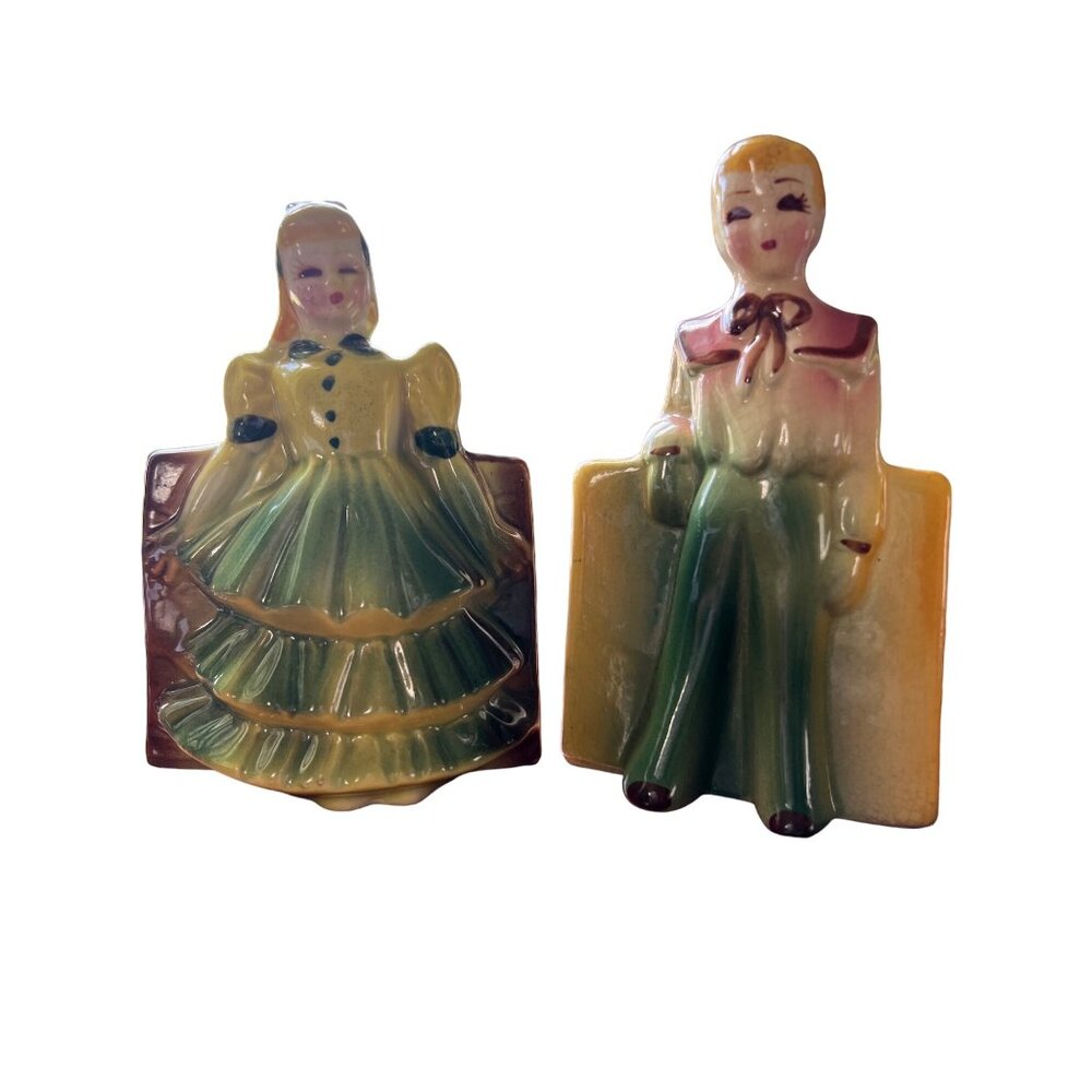 Vintage 1940s Art Deco Ceramic Boy & Girl Planter Set Ceramic Handpainted READ